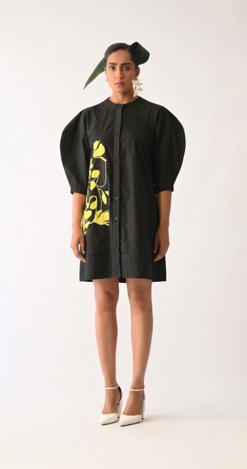 Mono Black Bubble Sleeve Aline Short Appliqué Dress poplin dress by O'Frida in all-black for women Worldwide