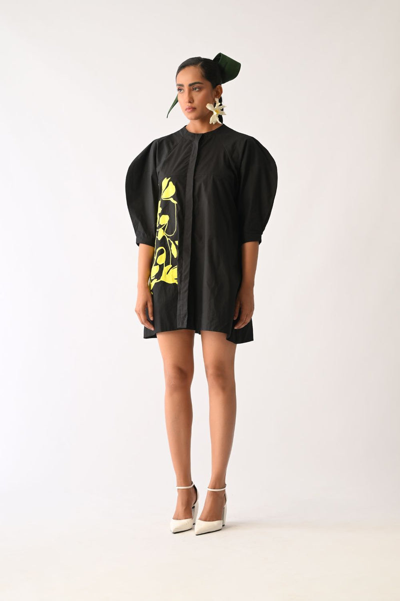 Mono Black Bubble Sleeve Aline Short Appliqué Dress poplin dress by O'Frida in all-black for women Worldwide