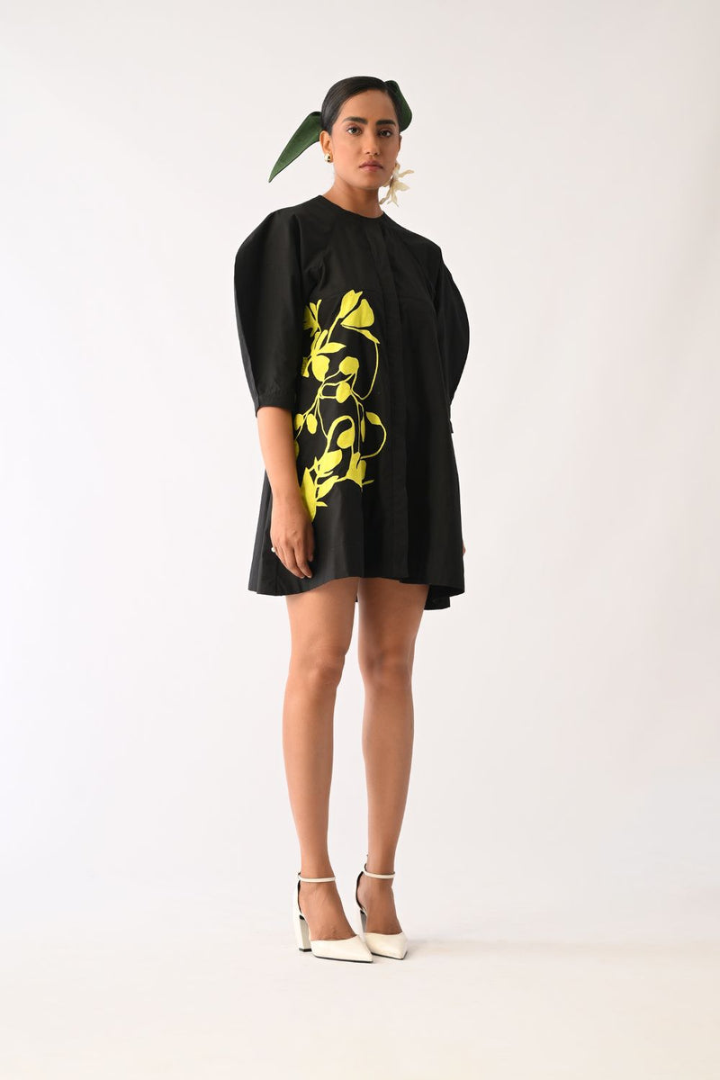 Mono Black Bubble Sleeve Aline Short Appliqué Dress poplin dress by O'Frida in all-black for women Worldwide