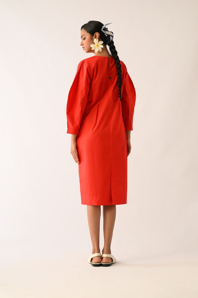 Mono Crimson Midi Gathered Appliqué Dress poplin dress by O'Frida in crimson for women Worldwide