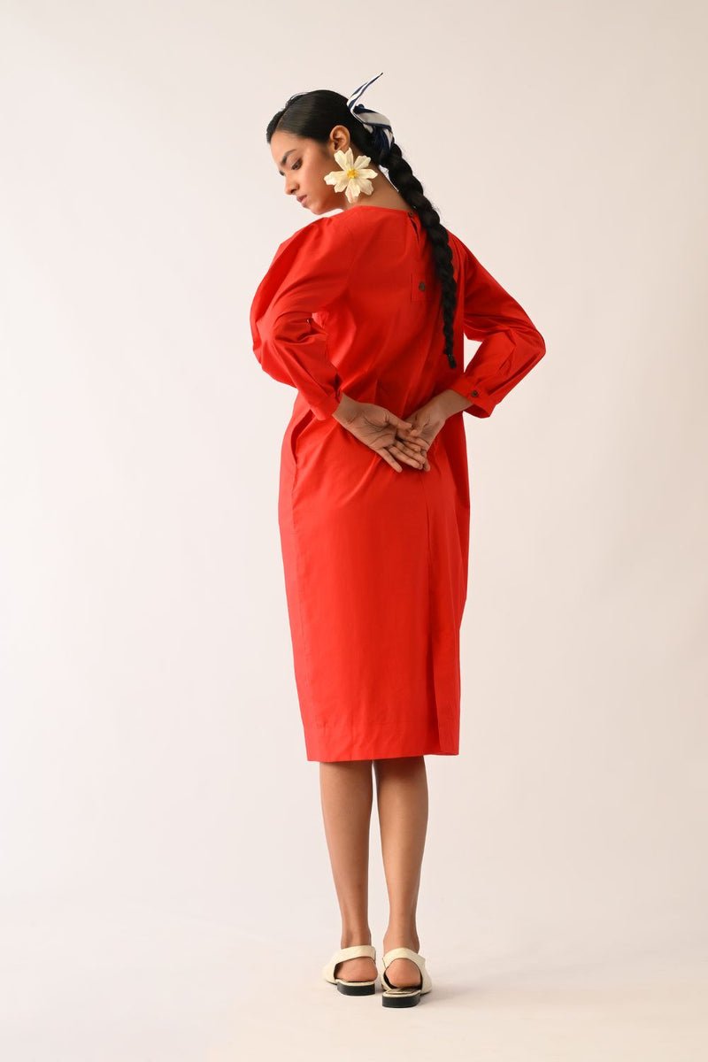 Mono Crimson Midi Gathered Appliqué Dress poplin dress by O'Frida in crimson for women Worldwide