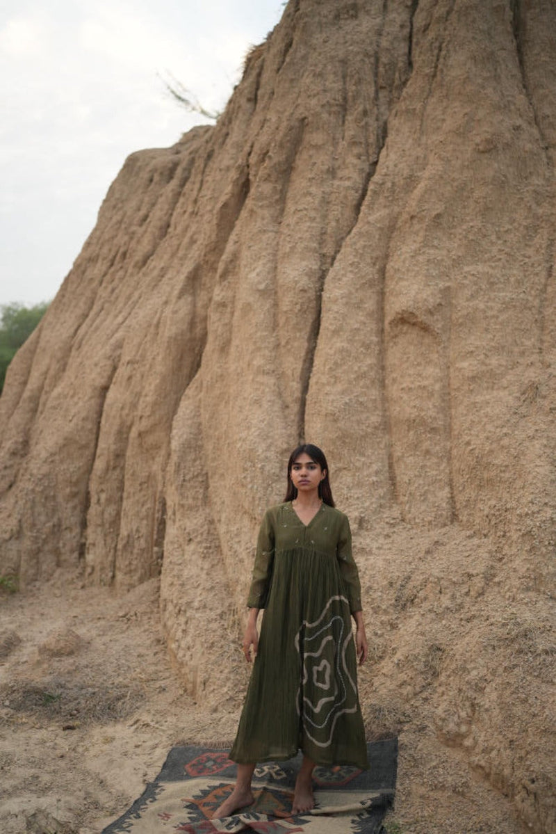 OLIVE ARAZI DRESS chanderi by Nirjara in olive color for women Worldwide