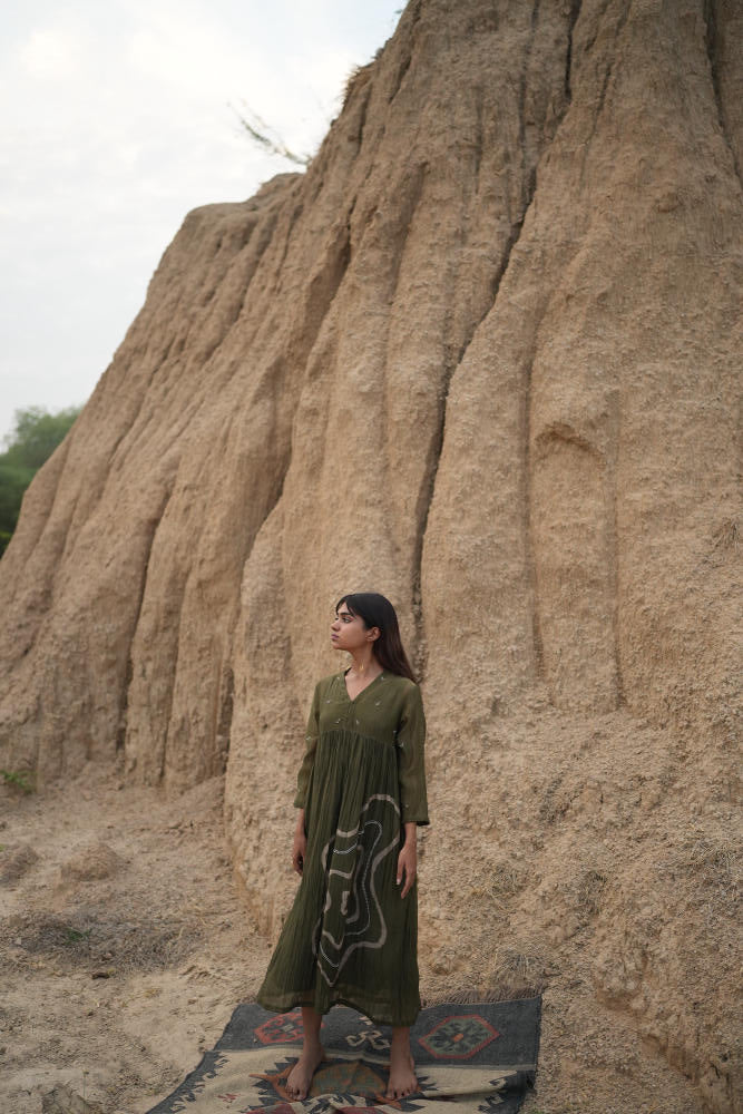 OLIVE ARAZI DRESS chanderi by Nirjara in olive color for women Worldwide