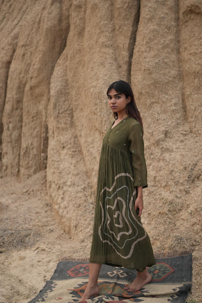 OLIVE ARAZI DRESS chanderi by Nirjara in olive color for women Worldwide