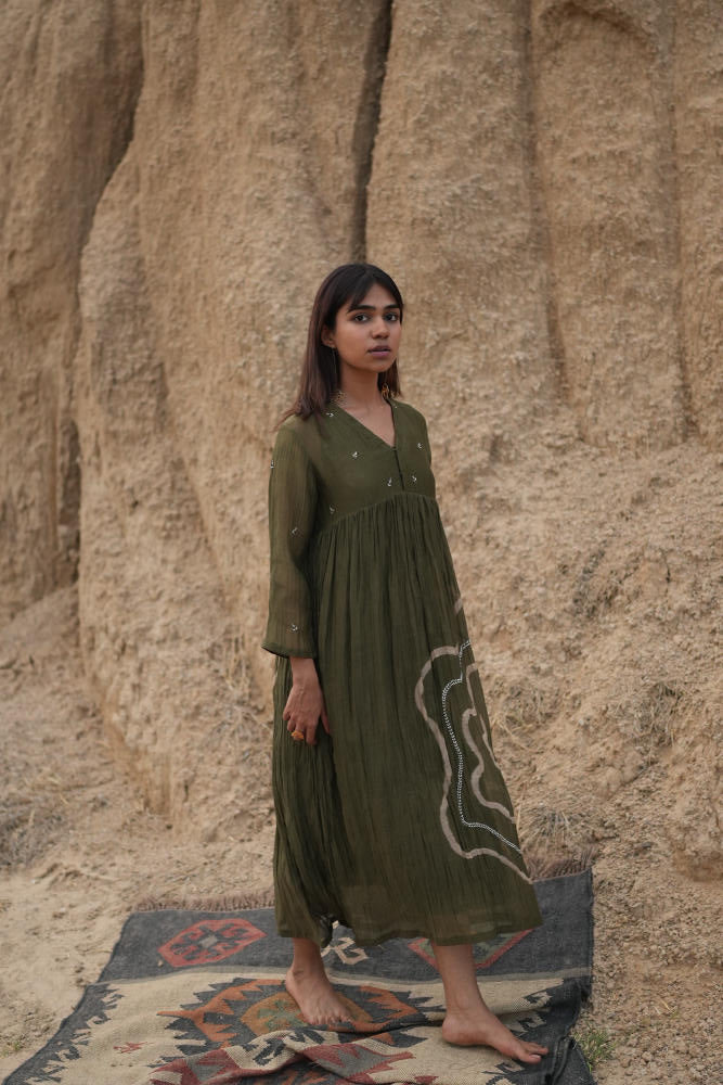 OLIVE ARAZI DRESS chanderi by Nirjara in olive color for women Worldwide