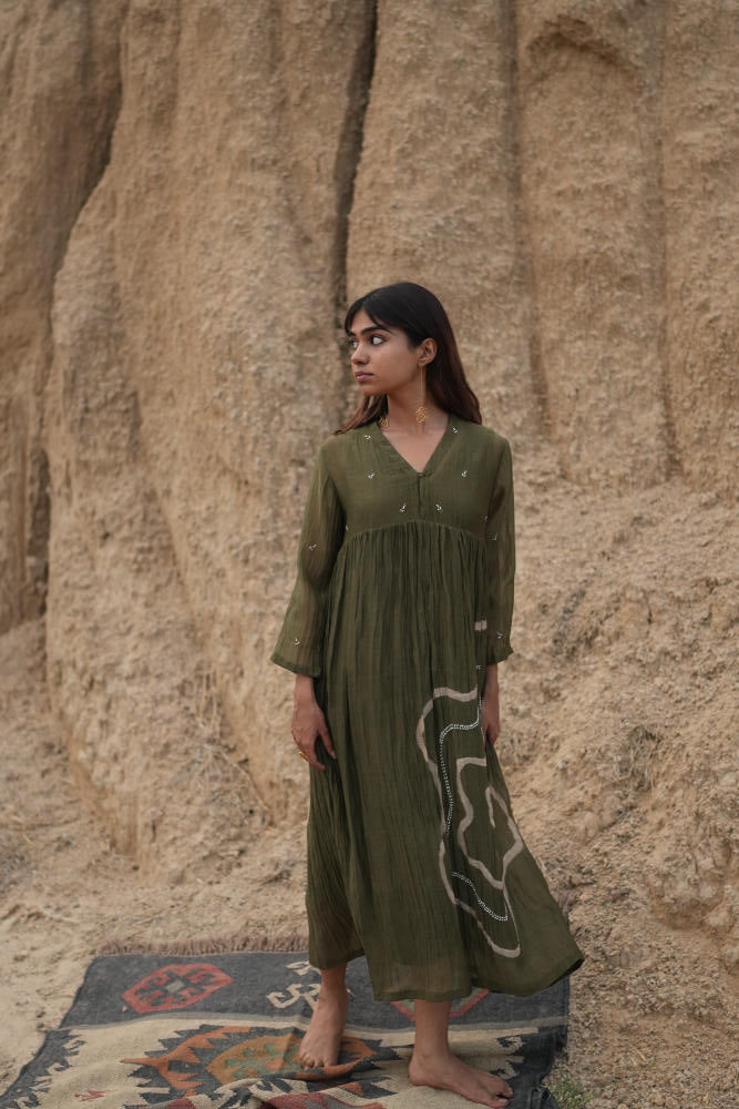 OLIVE ARAZI DRESS chanderi by Nirjara in olive color for women Worldwide