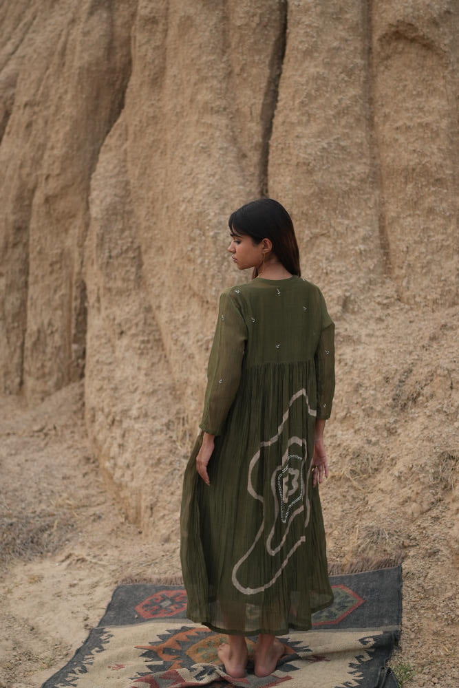 OLIVE ARAZI DRESS chanderi by Nirjara in olive color for women Worldwide