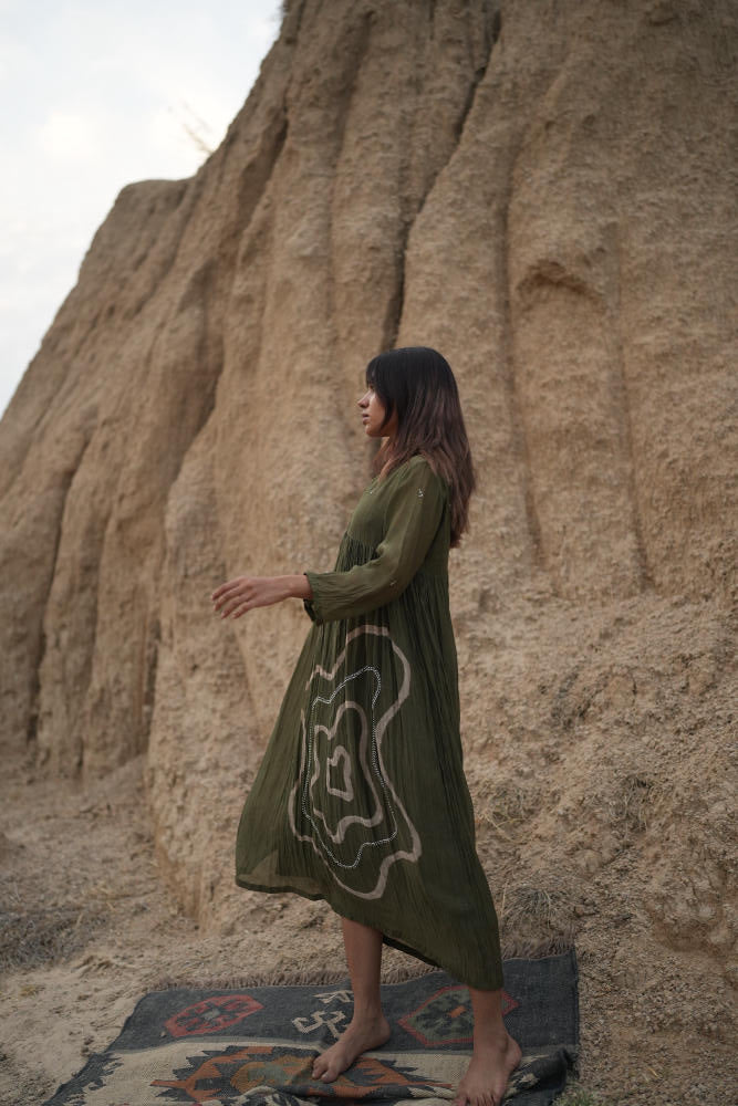OLIVE ARAZI DRESS chanderi by Nirjara in olive color for women Worldwide