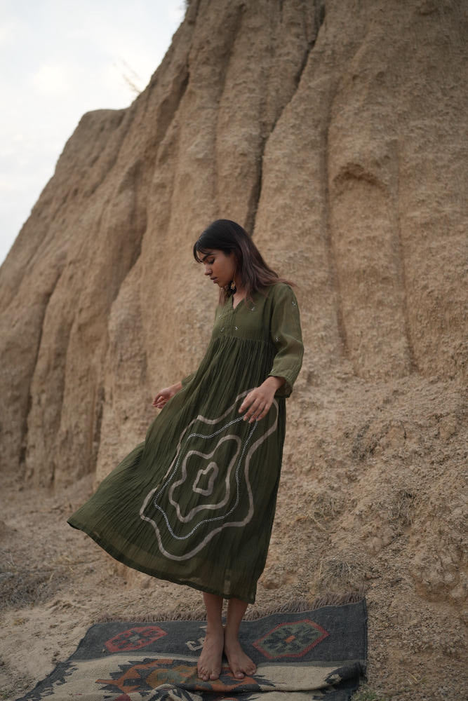 OLIVE ARAZI DRESS chanderi by Nirjara in olive color for women Worldwide