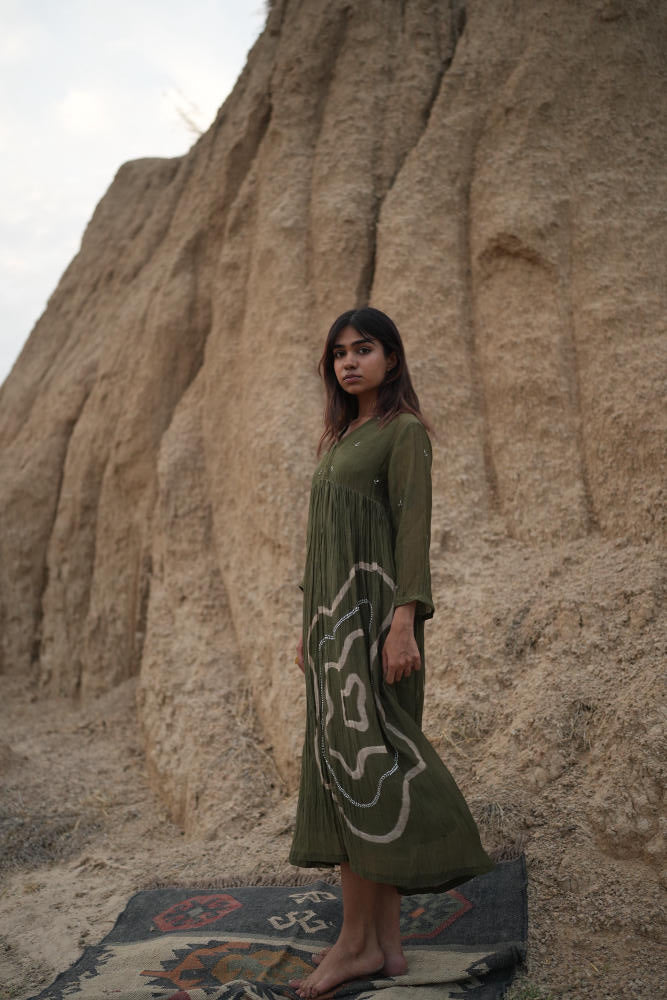 OLIVE ARAZI DRESS chanderi by Nirjara in olive color for women Worldwide