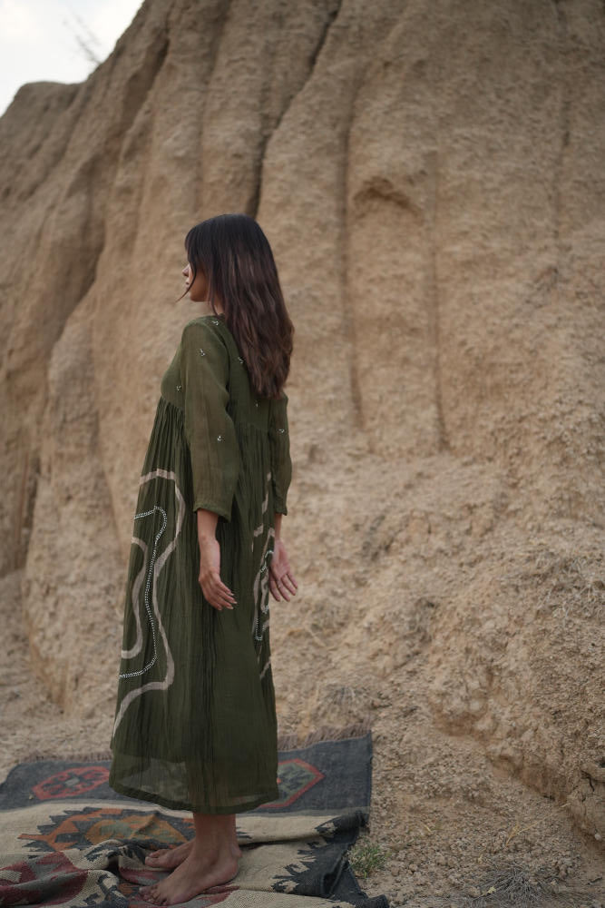 OLIVE ARAZI DRESS chanderi by Nirjara in olive color for women Worldwide