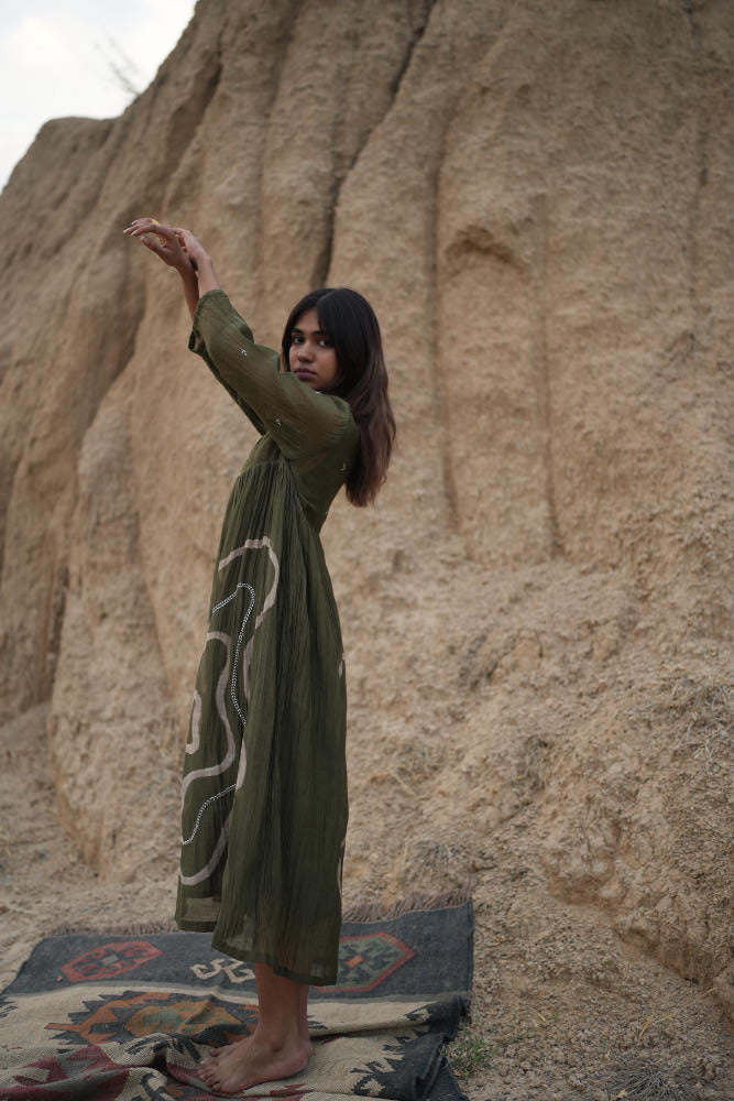 OLIVE ARAZI DRESS chanderi by Nirjara in olive color for women Worldwide
