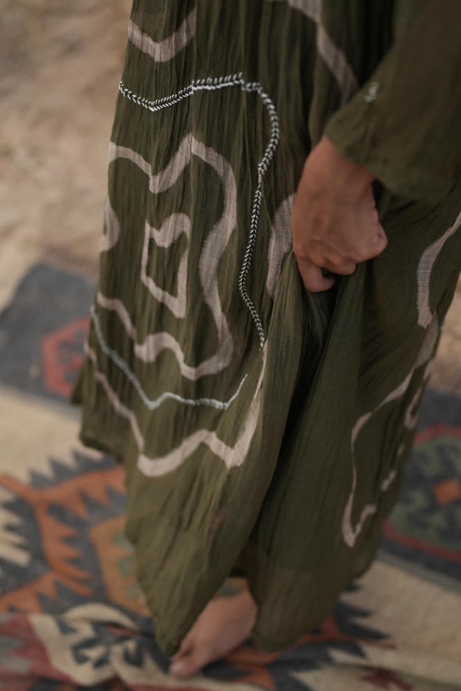 OLIVE ARAZI DRESS chanderi by Nirjara in olive color for women Worldwide