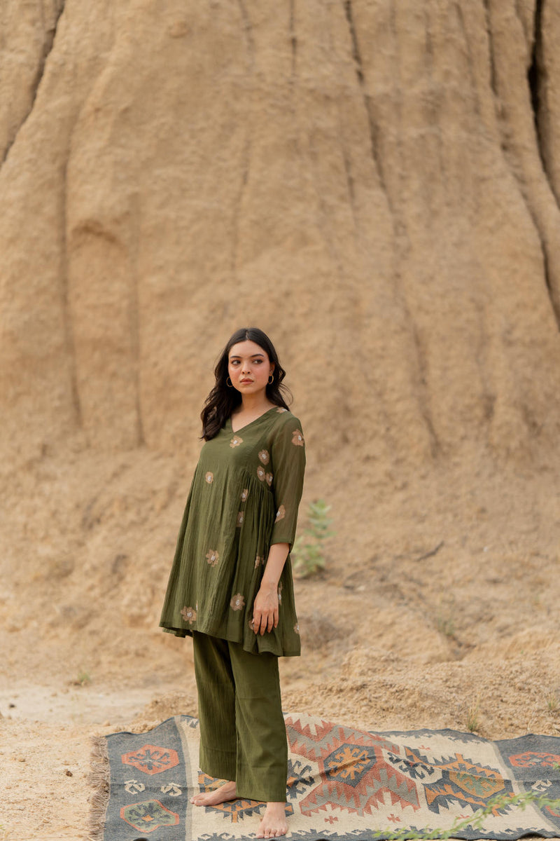 OLIVE NARA SET chanderi by Nirjara in olive color for women Worldwide