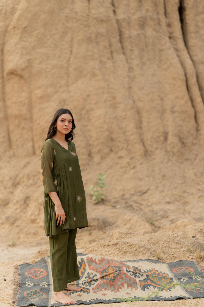 OLIVE NARA SET chanderi by Nirjara in olive color for women Worldwide