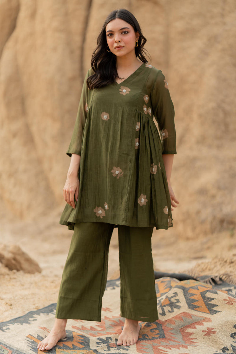 OLIVE NARA SET chanderi by Nirjara in olive color for women Worldwide