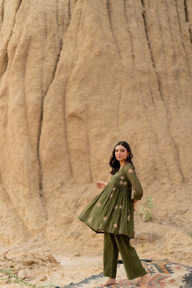 OLIVE NARA SET chanderi by Nirjara in olive color for women Worldwide