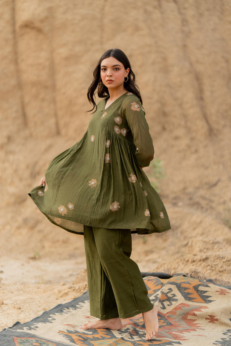 OLIVE NARA SET chanderi by Nirjara in olive color for women Worldwide
