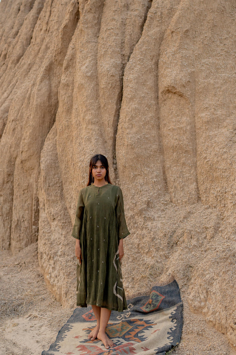 OLIVE RUZGAR DRESS chanderi by Nirjara in olive color for women Worldwide