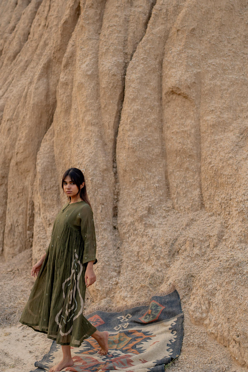 OLIVE RUZGAR DRESS chanderi by Nirjara in olive color for women Worldwide