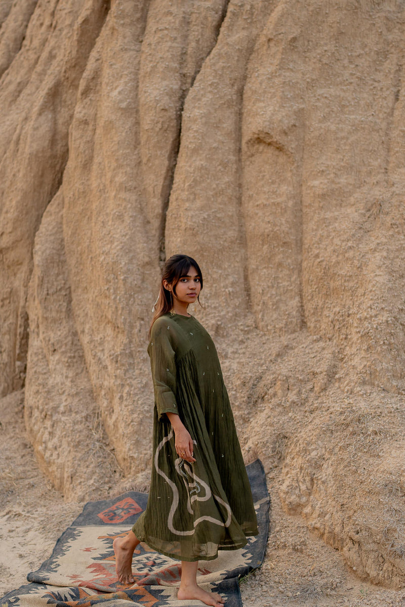OLIVE RUZGAR DRESS chanderi by Nirjara in olive color for women Worldwide