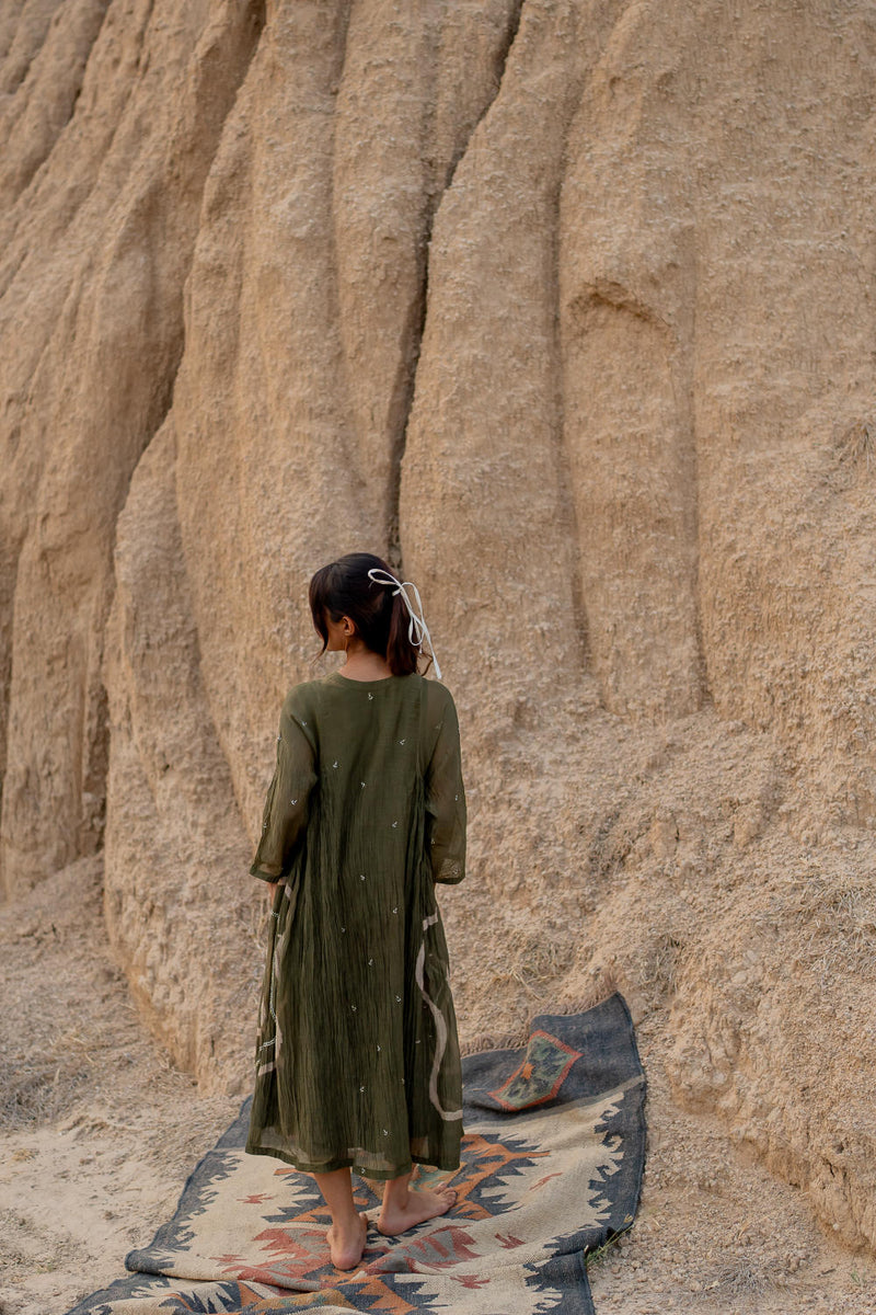 OLIVE RUZGAR DRESS chanderi by Nirjara in olive color for women Worldwide