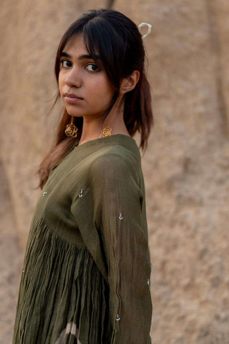 OLIVE RUZGAR DRESS chanderi by Nirjara in olive color for women Worldwide