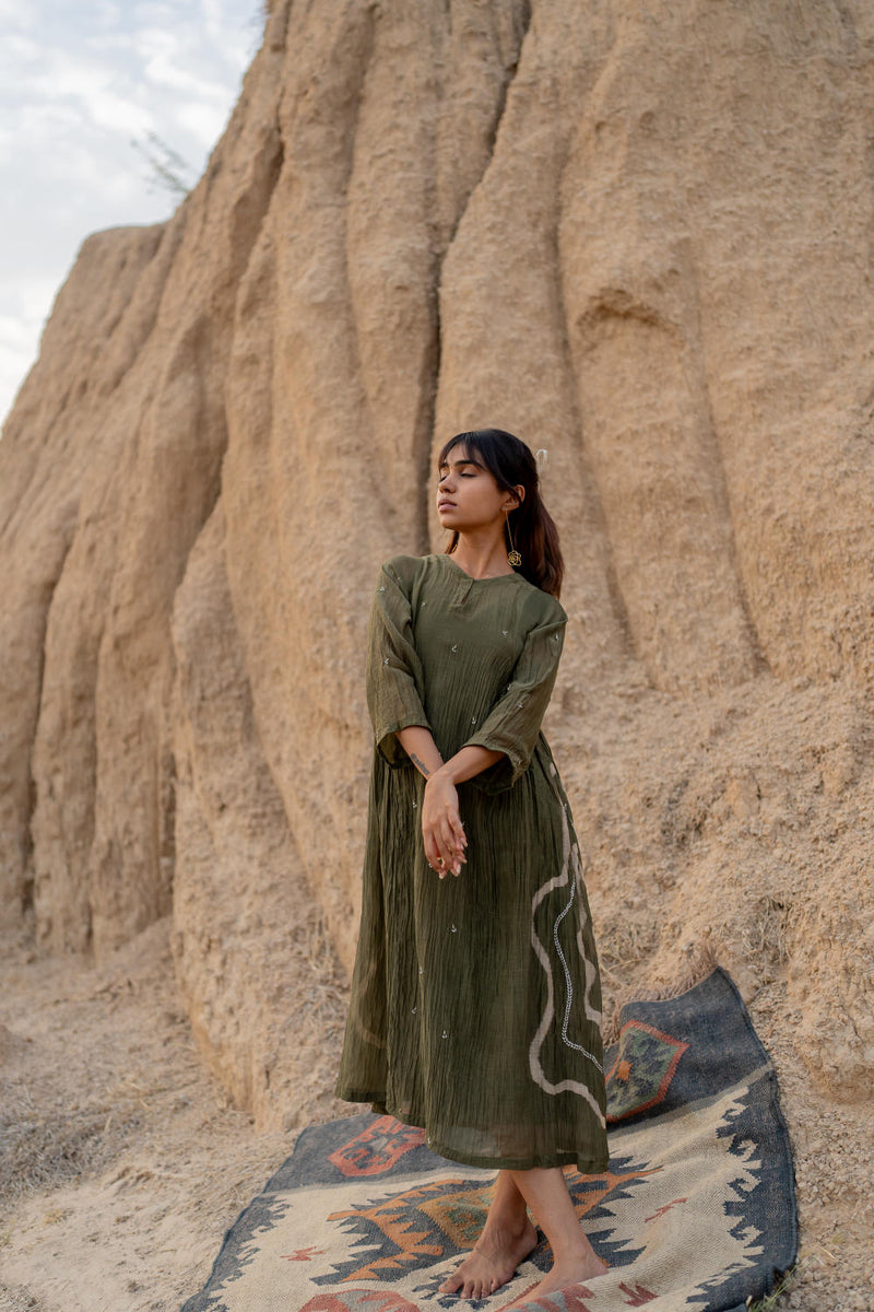 OLIVE RUZGAR DRESS chanderi by Nirjara in olive color for women Worldwide