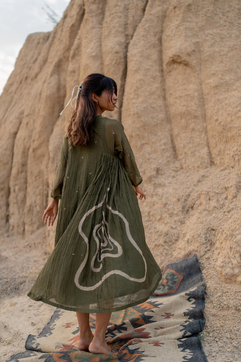 OLIVE RUZGAR DRESS chanderi by Nirjara in olive color for women Worldwide
