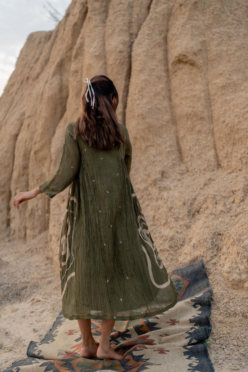 OLIVE RUZGAR DRESS chanderi by Nirjara in olive color for women Worldwide