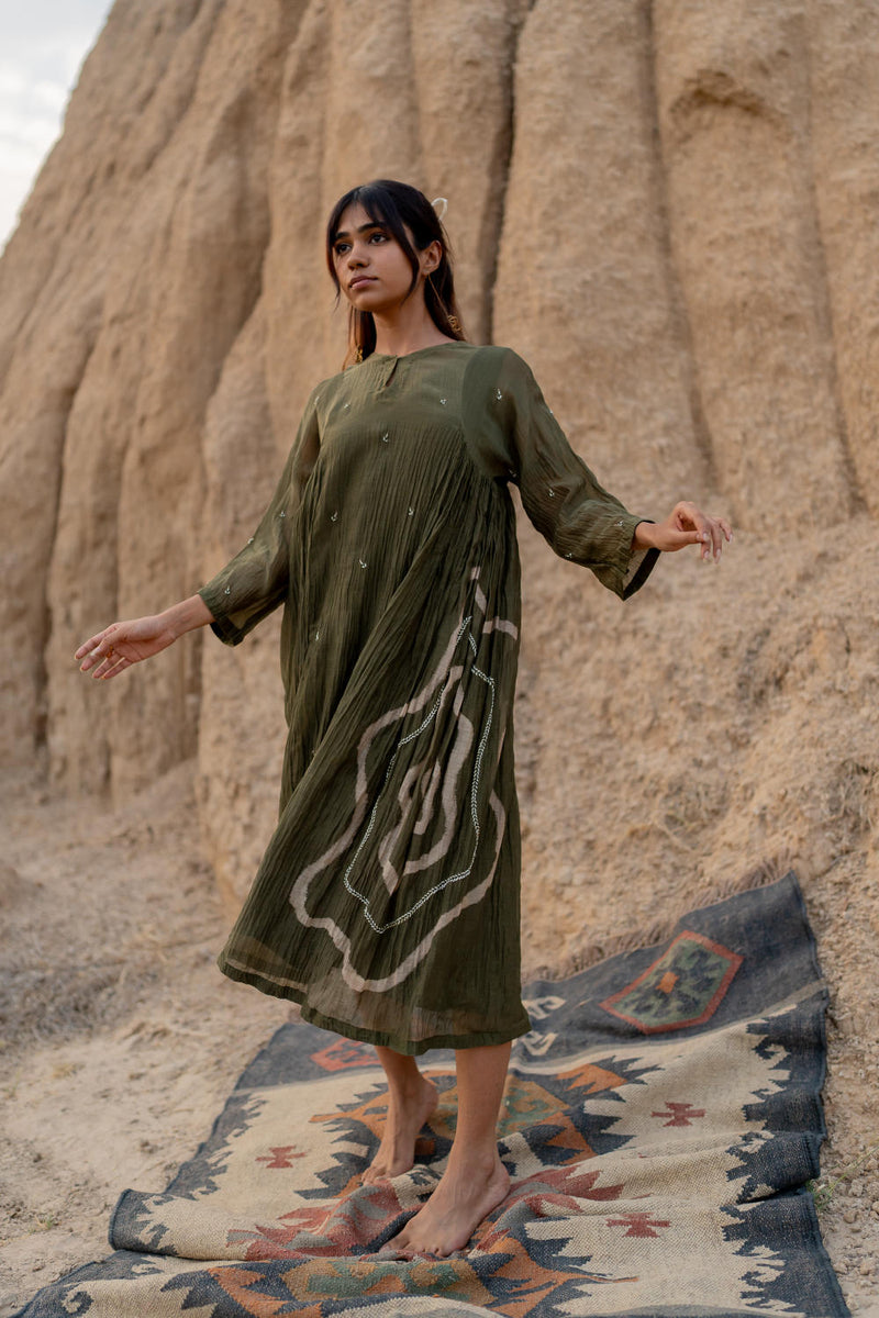 OLIVE RUZGAR DRESS chanderi by Nirjara in olive color for women Worldwide