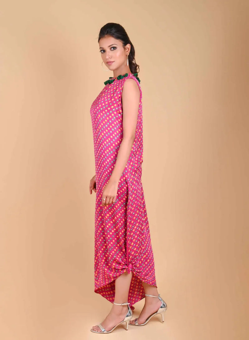 ONE SLEEVE KNOT DRESS-FUSCHIA PINK silk by Dyelogue for women Worldwide