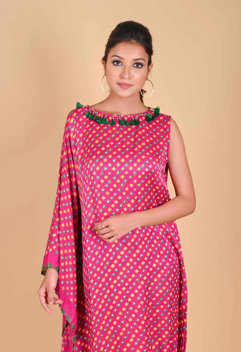 ONE SLEEVE KNOT DRESS-FUSCHIA PINK silk by Dyelogue for women Worldwide
