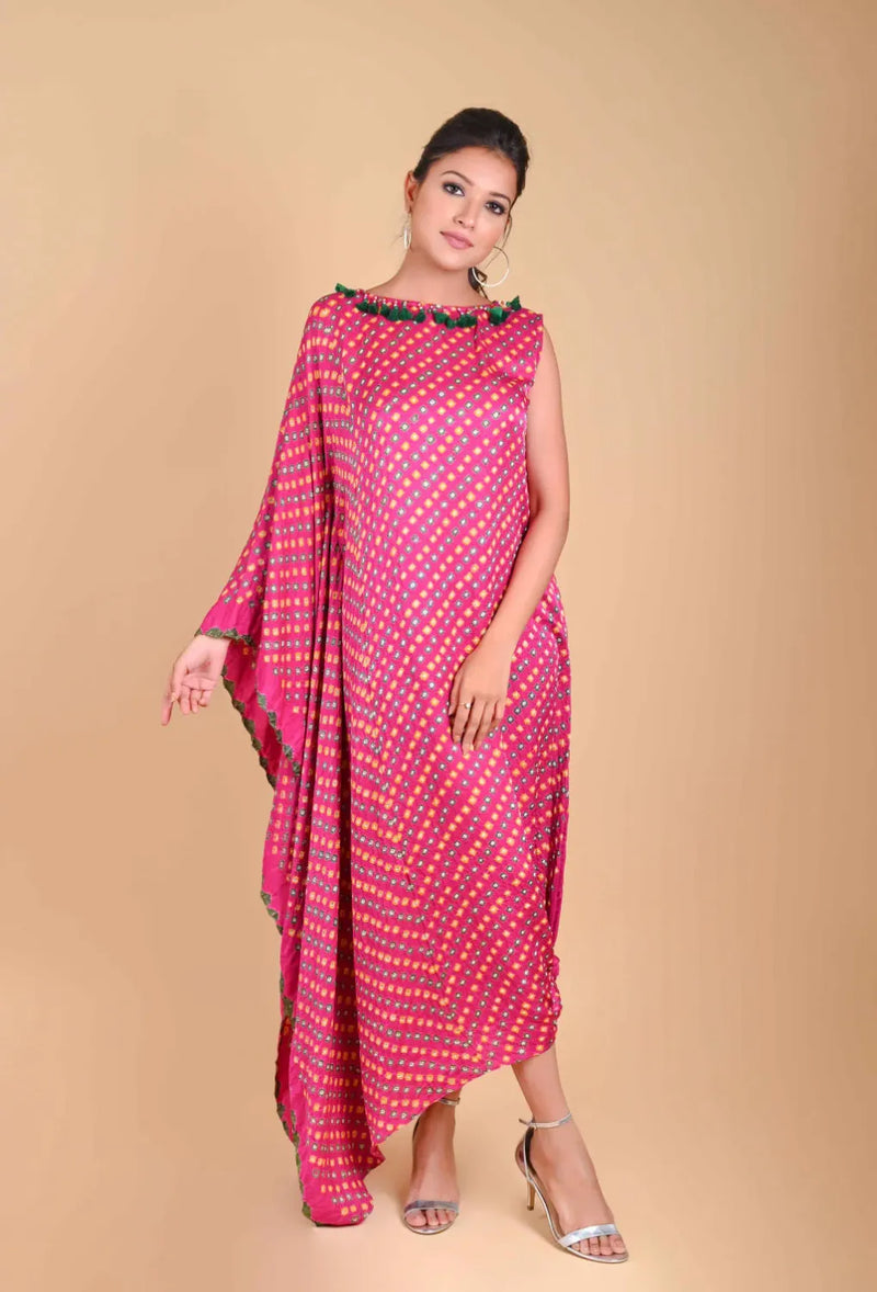 ONE SLEEVE KNOT DRESS-FUSCHIA PINK silk by Dyelogue for women Worldwide