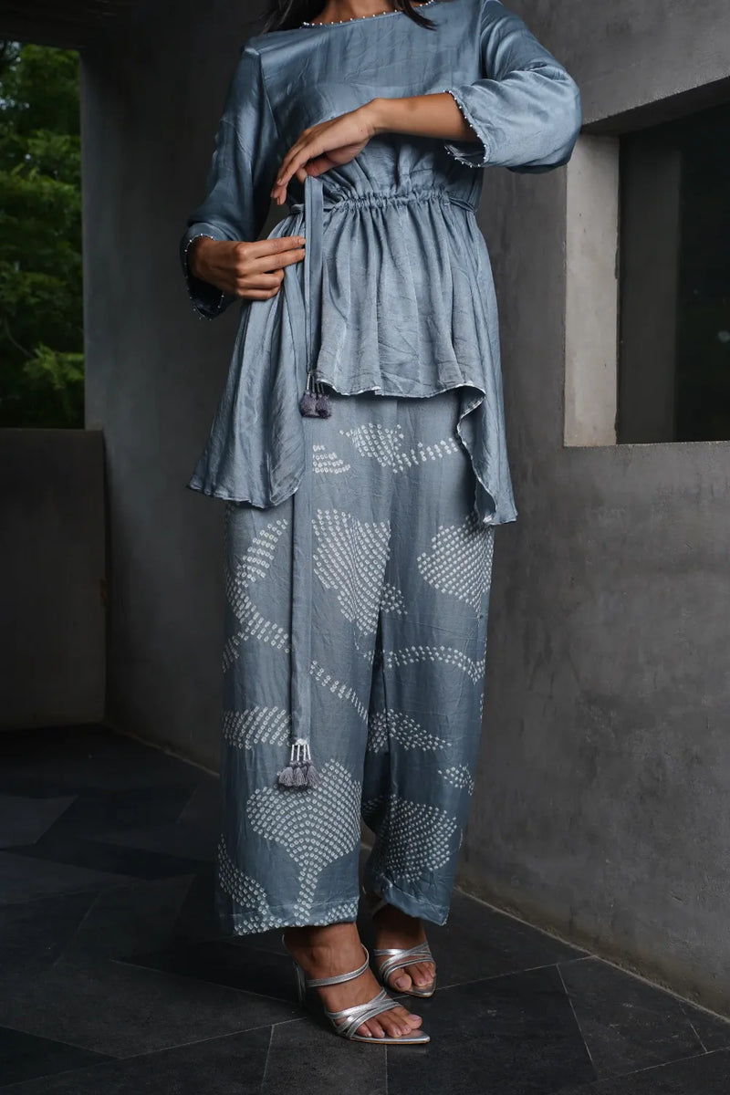 ORIGAMI PANT SET-GREY silk by Dyelogue in grey color for women Worldwide
