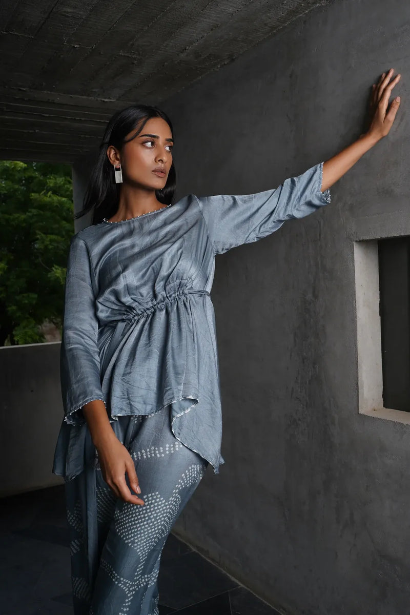 ORIGAMI PANT SET-GREY silk by Dyelogue in grey color for women Worldwide