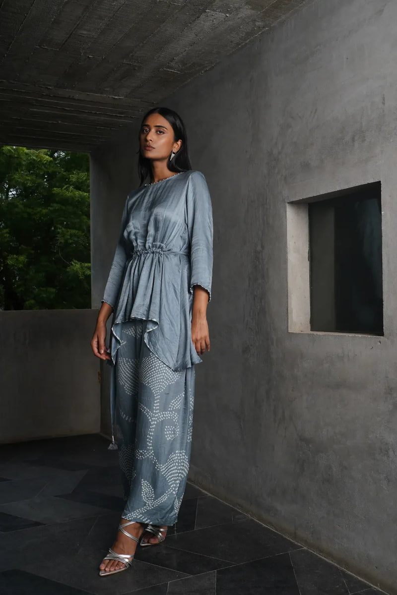 ORIGAMI PANT SET-GREY silk by Dyelogue in grey color for women Worldwide