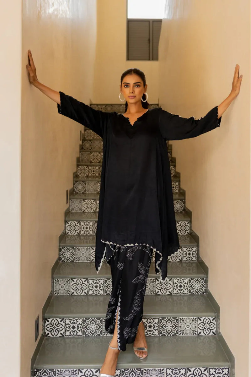 ORIGAMI SKIRT SET-BLACK silk by Dyelogue in black color for women Worldwide
