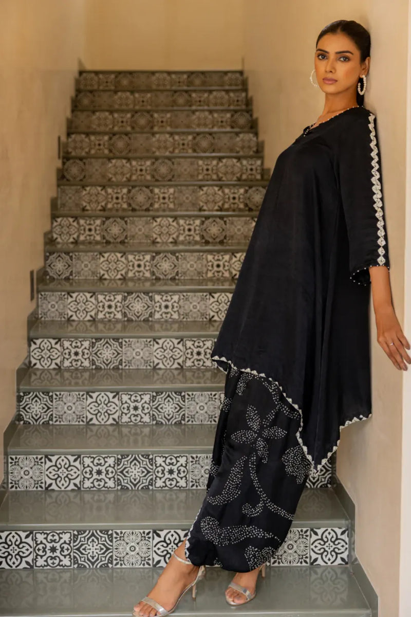 ORIGAMI SKIRT SET-BLACK silk by Dyelogue in black color for women Worldwide