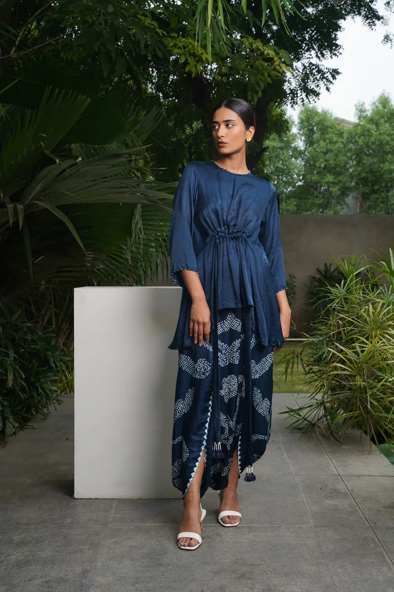 ORIGAMI SKIRT SET-INDIGO BLUE silk by Dyelogue in blue color for women Worldwide