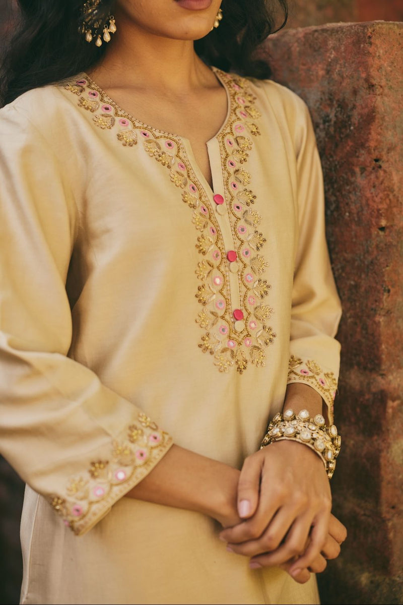 OSHANI & VRITIKA KURTA & PANT satin by Rashika Mittal in beige color for women Worldwide