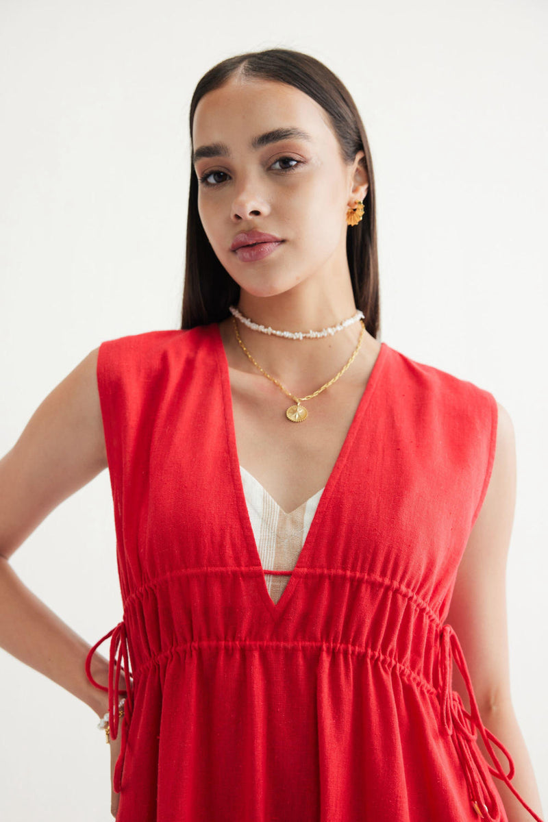 Ocean Nights Handwoven Kala Cotton Maxi Dress cotton by SUI in red color for women Worldwide