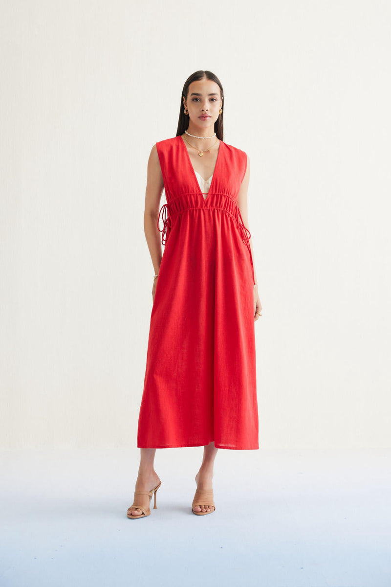 Ocean Nights Handwoven Kala Cotton Maxi Dress cotton by SUI in red color for women Worldwide