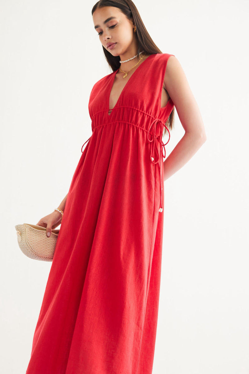 Ocean Nights Handwoven Kala Cotton Maxi Dress cotton by SUI in red color for women Worldwide