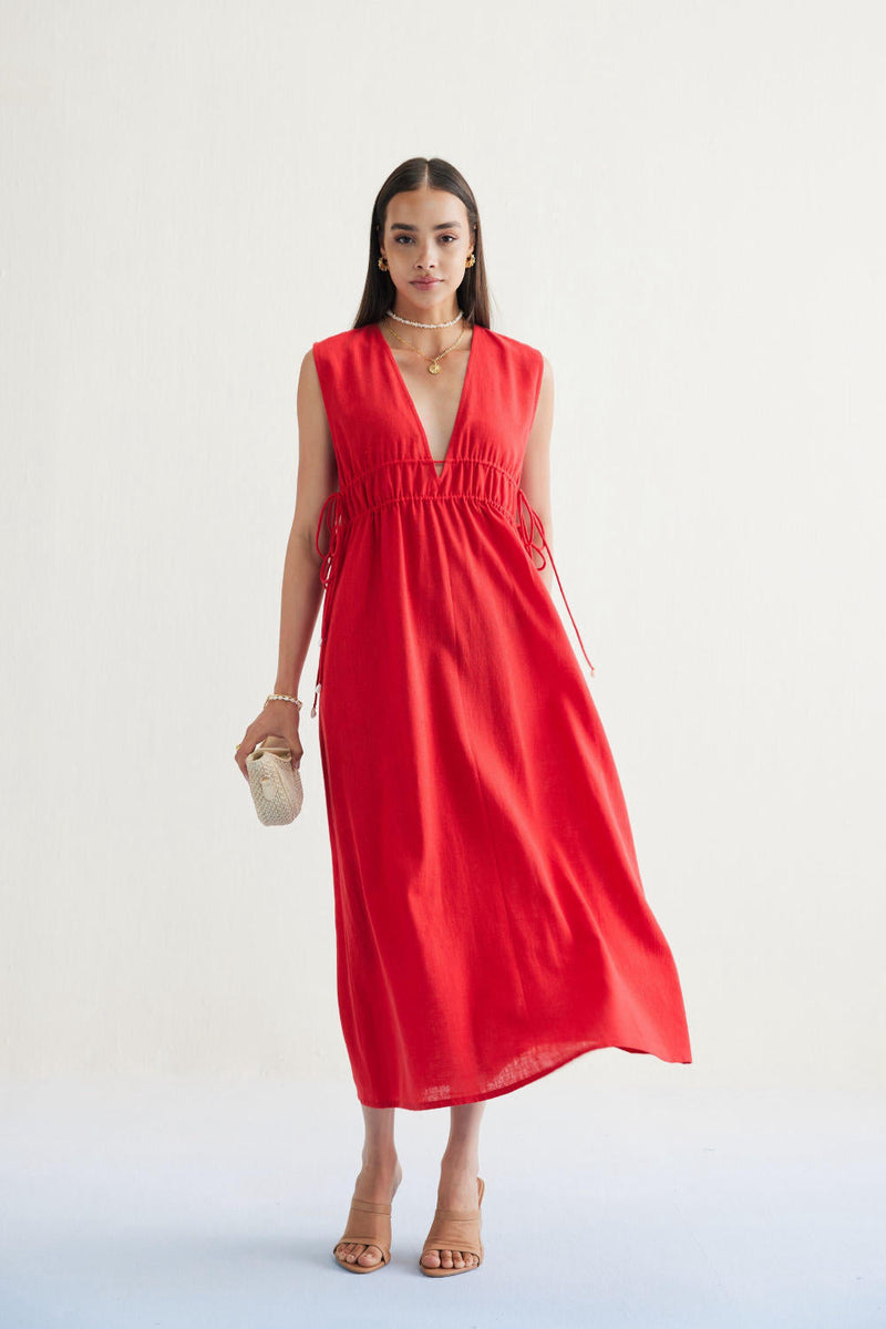 Ocean Nights Handwoven Kala Cotton Maxi Dress cotton by SUI in red color for women Worldwide