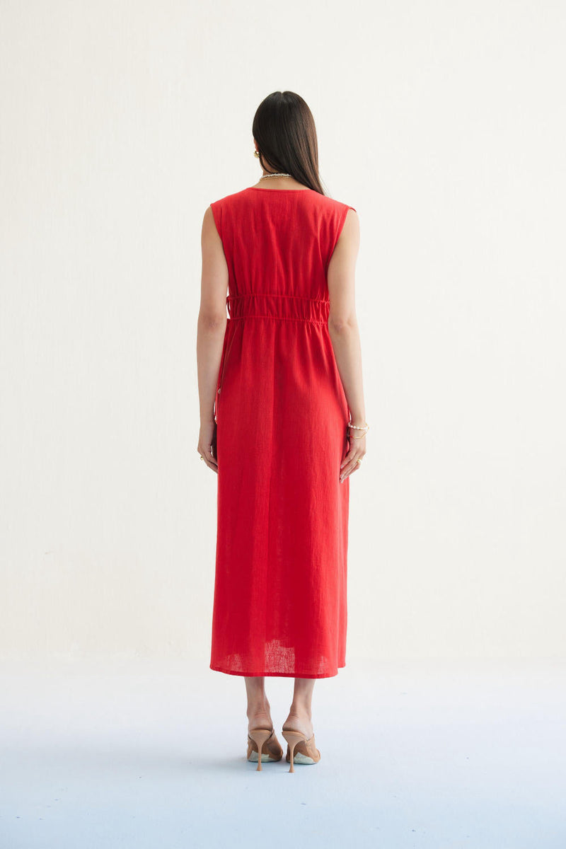 Ocean Nights Handwoven Kala Cotton Maxi Dress cotton by SUI in red color for women Worldwide
