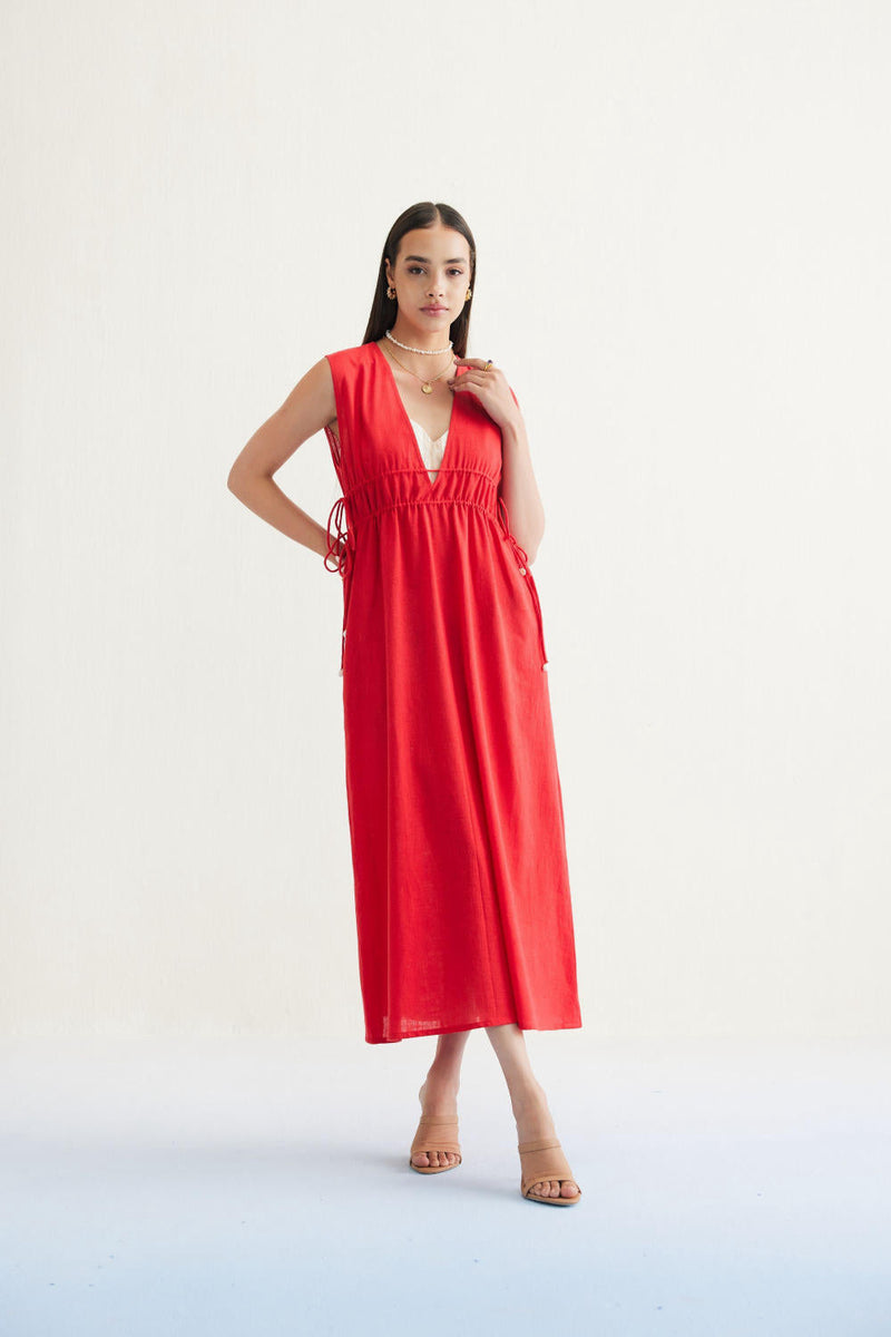 Ocean Nights Handwoven Kala Cotton Maxi Dress cotton by SUI in red color for women Worldwide