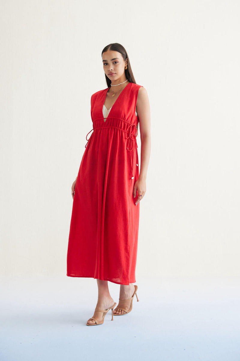 Ocean Nights Handwoven Kala Cotton Maxi Dress cotton by SUI in red color for women Worldwide