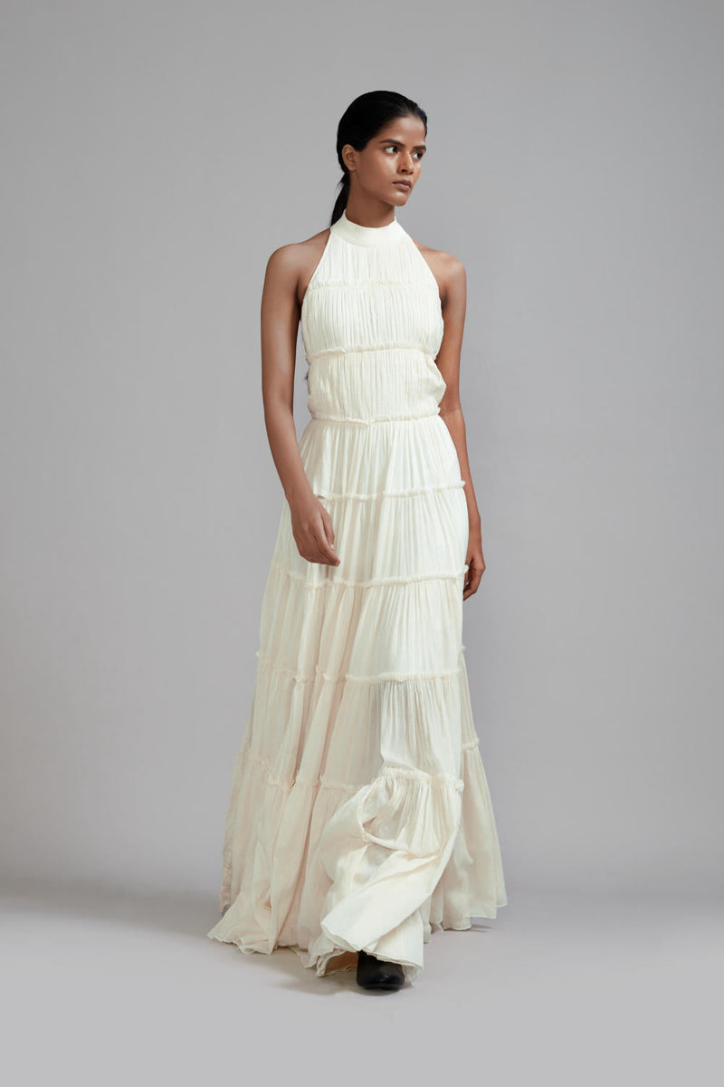 Off-White Backless Tiered Gown cotton by Mati in white color for women Worldwide