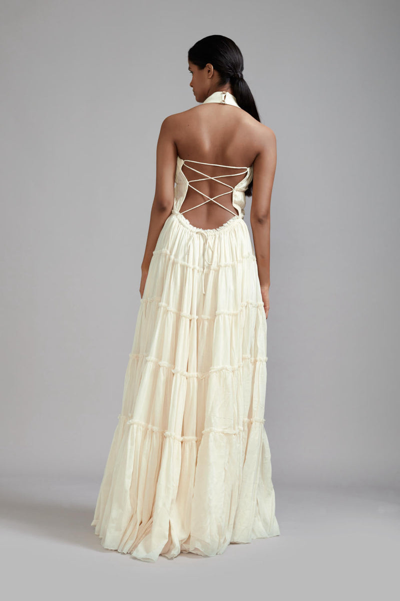Off-White Backless Tiered Gown cotton by Mati in white color for women Worldwide